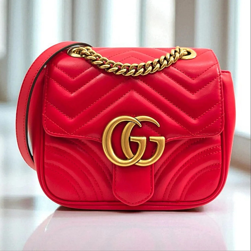 Gucci GG Marmont Matelasse Mini Square Shoulder Bag Red Leather